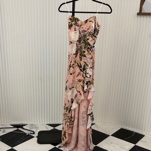 Amanda Uprichard  Dress in Pink and Green Floral with a ruffle slit